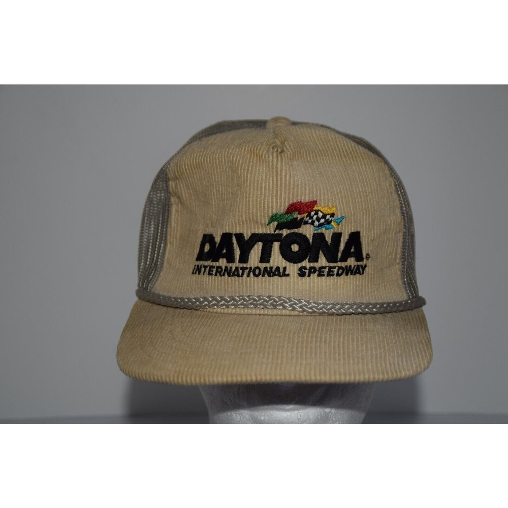 Vintage Daytona International Speedway Beige Corduroy Snapback Rope Hat USA Made